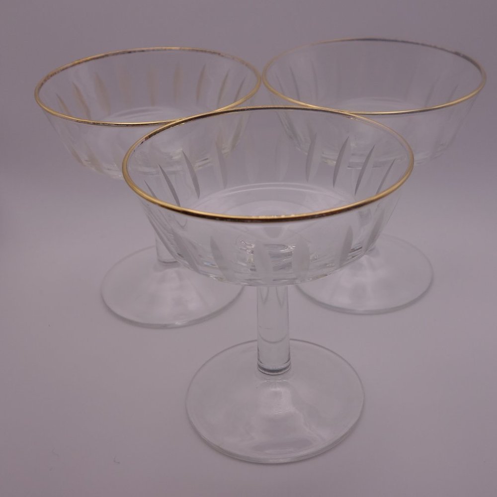 Set of Three(3) Fancy Cocktail Glasses with Gold Color Rim